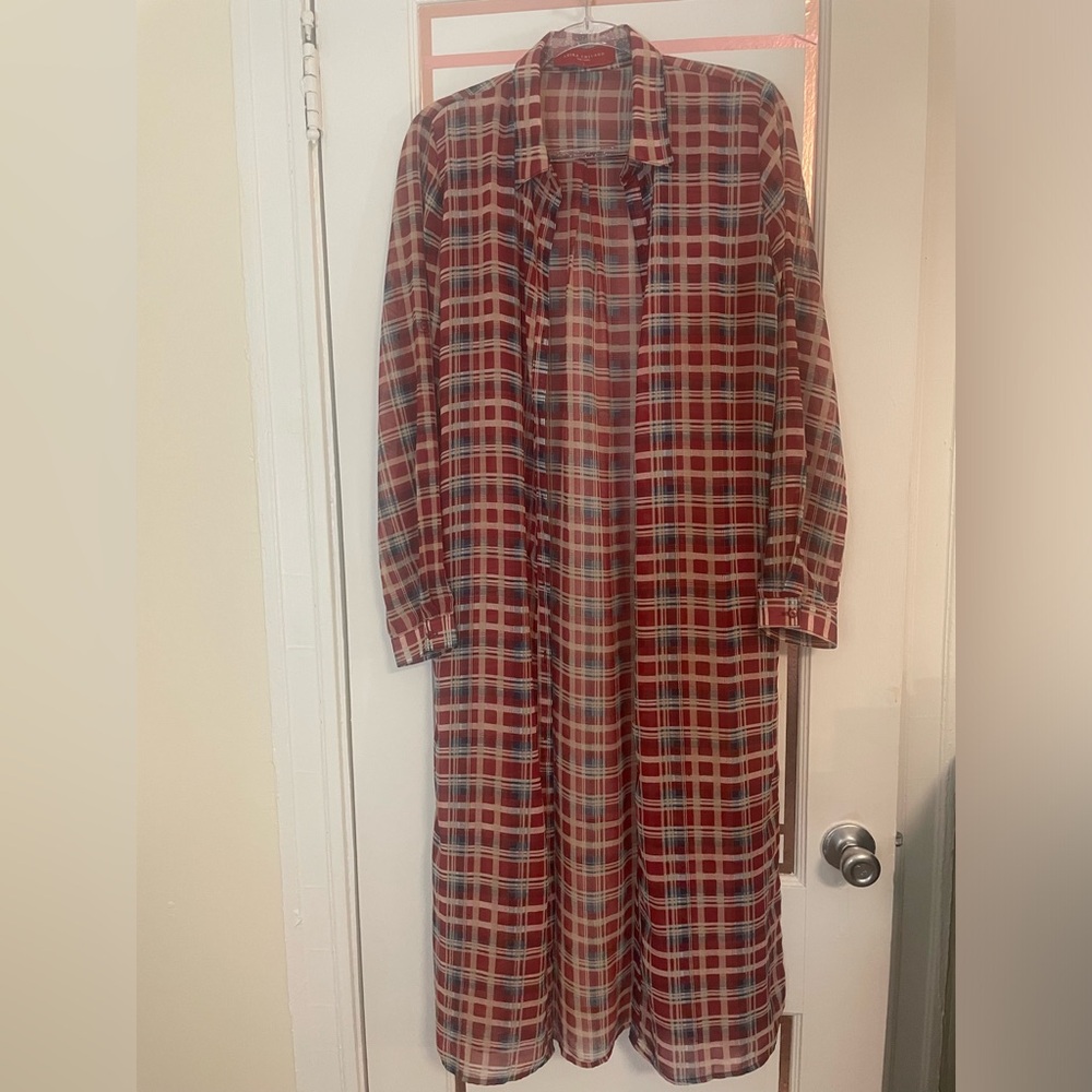 Akira Red Label- Red/Multicolor Plaid Sheer Button Down Long Shirt.